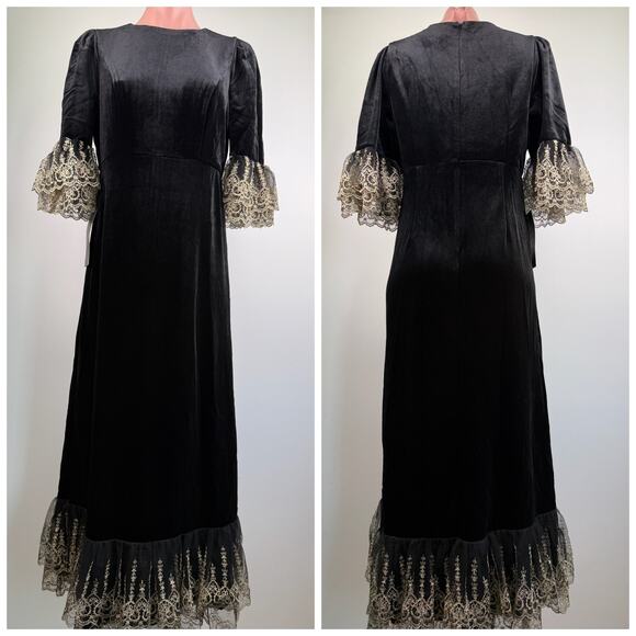 Tuckernuck Pomander Place Gold Embroidered Hem Velvet Lillith Black Dress Size S - Picture 1 of 15